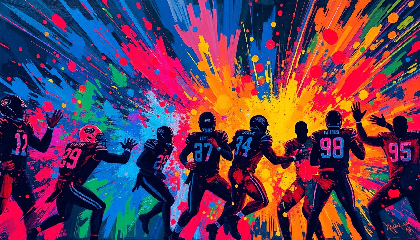 An abstract expressionist painting in neon colors, with rapid brushstrokes and dissolving football player silhouettes, conveying the excitement and energy of an NFL Draft watch party.
