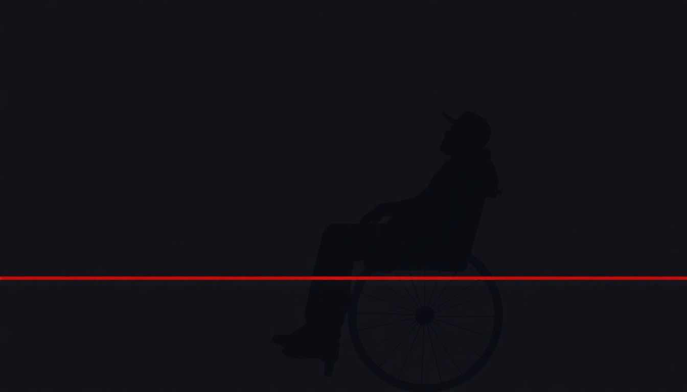 A stark, abstract silhouette of a rapper in a wheelchair, with a single bold red line cutting across the frame, conceptually representing the artist's resilience and recovery after a recent shooting incident.