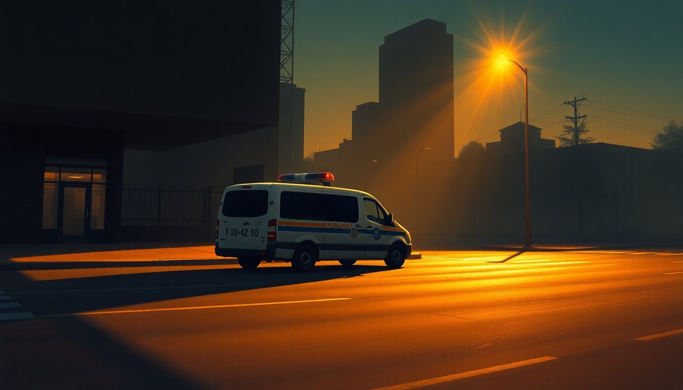 A photorealistic painting of a government vehicle parked on a quiet, empty city street, with warm sunlight and deep shadows creating a contemplative, cinematic mood.