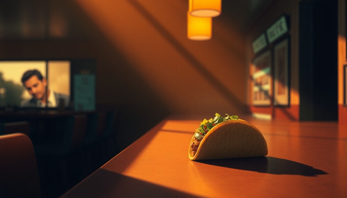 A photorealistic painting of a single taco sitting on a diner counter, with warm sunlight streaming in through a window and deep shadows enveloping the scene, conveying a sense of quiet contemplation and the intersection of food, culture, and politics.
