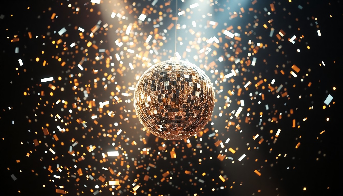 An extreme close-up photograph of shimmering, reflective shards of a disco ball, capturing the glitz and glamour of a high-energy concert performance.