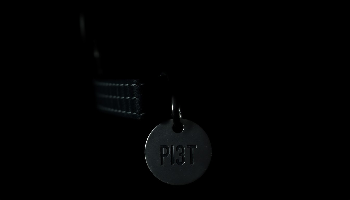 An extreme close-up photograph of a dog collar with a metal tag, the harsh lighting and stark black background creating a gritty, investigative mood that reflects the community's outrage over alleged animal cruelty at the local shelter.