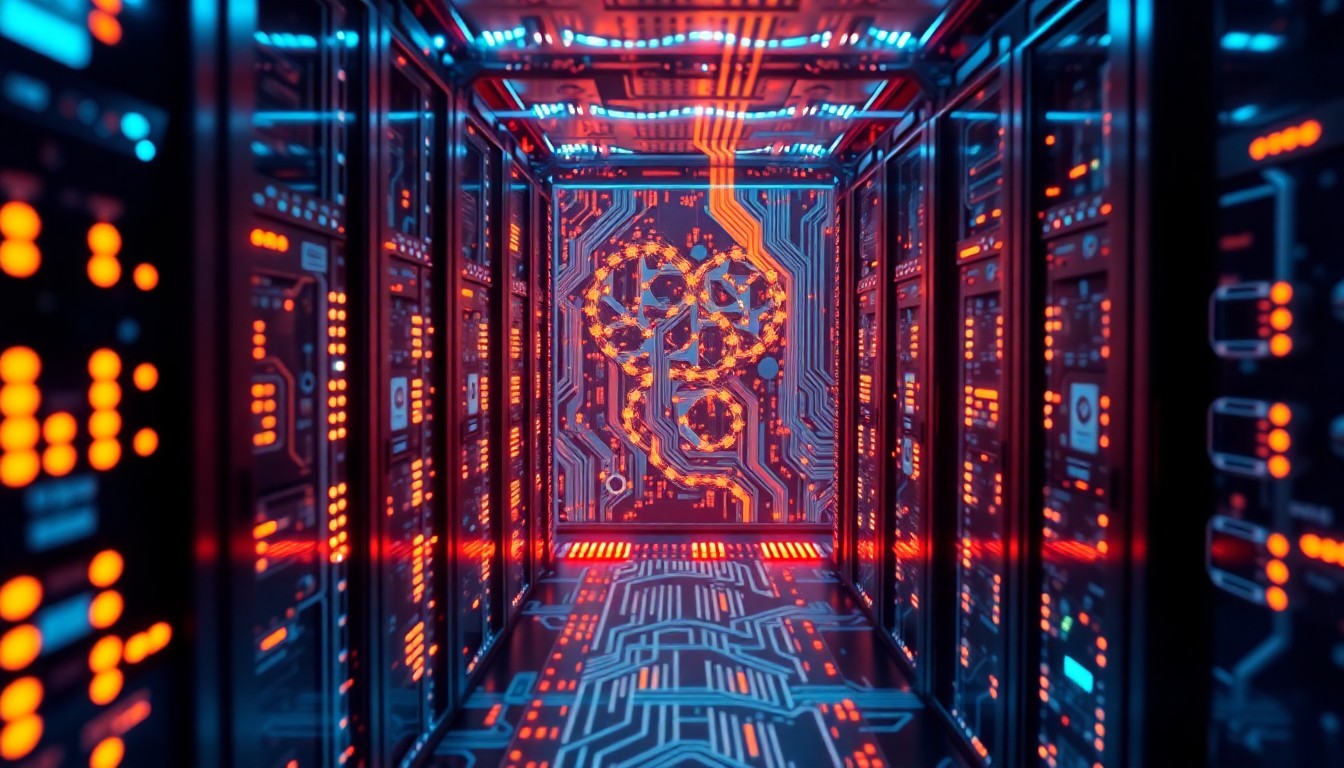 A highly detailed, glowing 3D macro illustration of a futuristic, illuminated circuit board or data server rack, representing the digital infrastructure and confidential technology at the heart of this trade secrets dispute.