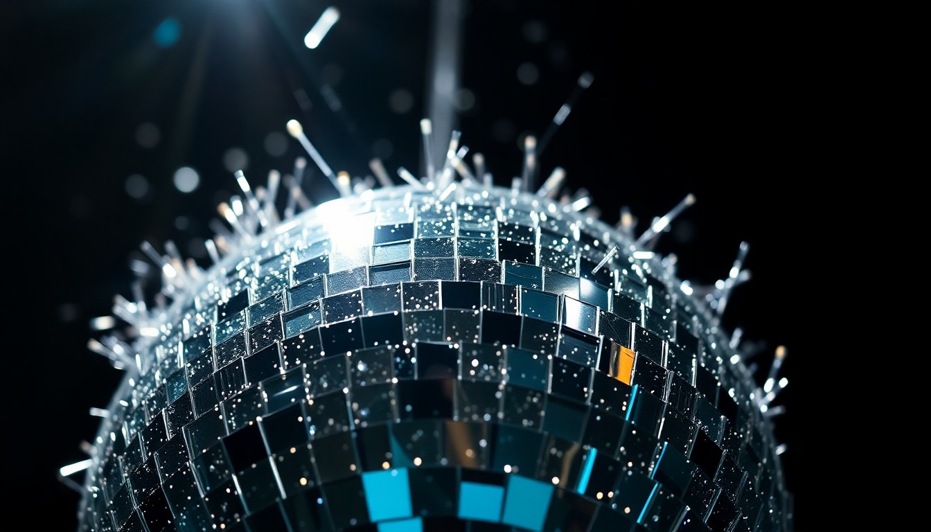 An abstract close-up photograph of shimmering, reflective disco ball shards in high-contrast studio lighting, conveying a sense of nostalgic glamour and celebration.