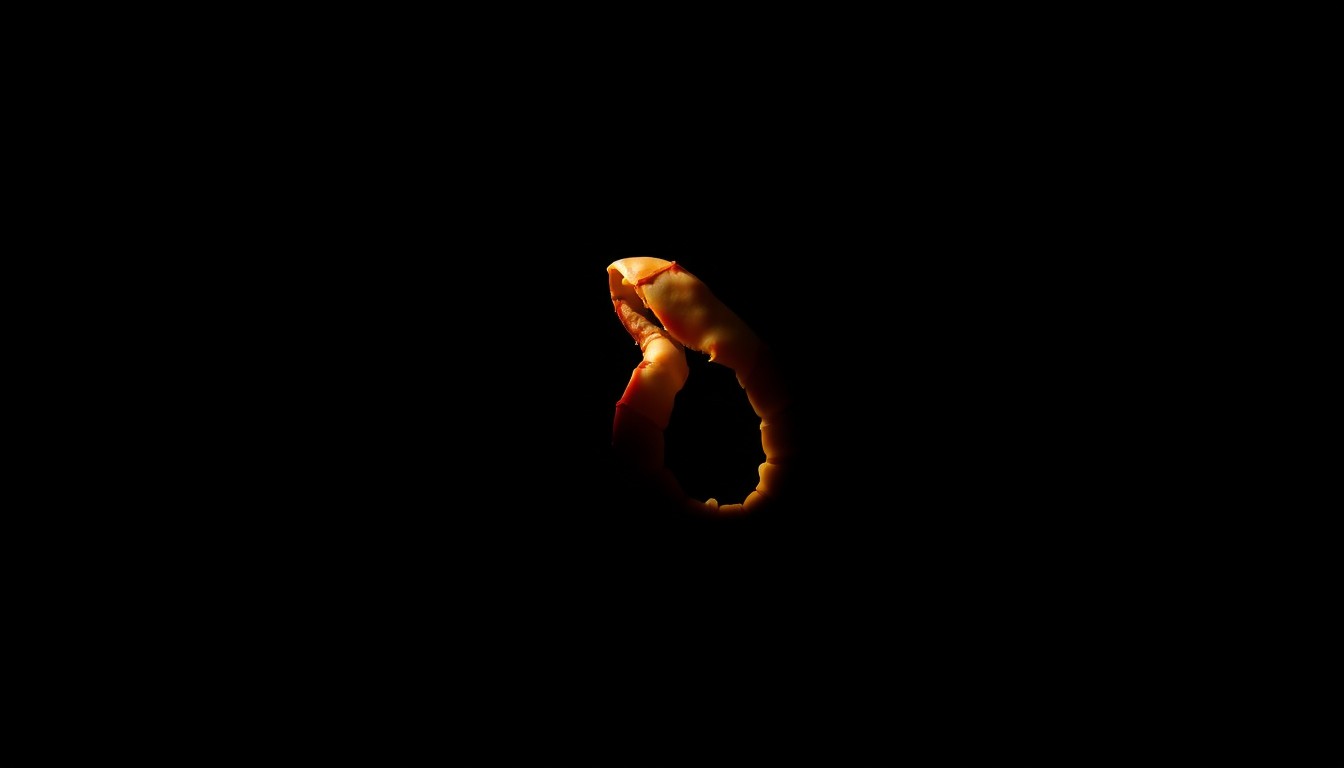 An extreme close-up photograph of a single lobster claw against a pitch-black background, the harsh lighting and stark contrast creating a gritty, investigative aesthetic.