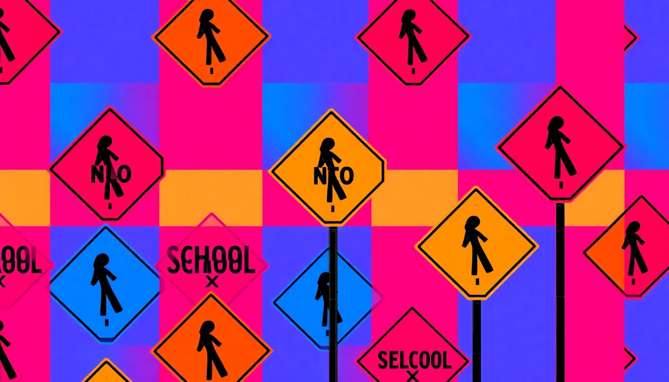 A bold, pop art-inspired illustration featuring a repeating pattern of a stylized school crossing sign in bright, neon-like colors, conveying the concept of increased traffic enforcement near schools.