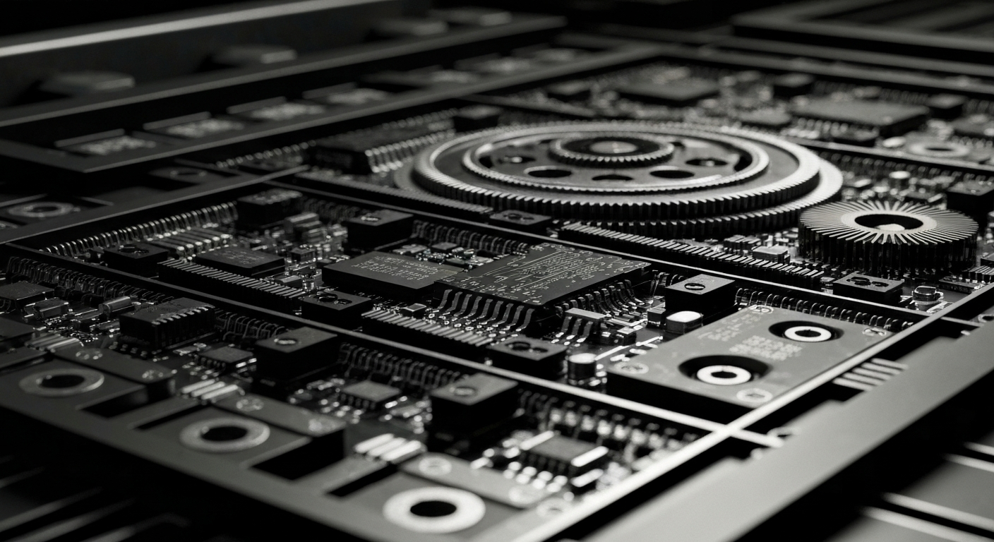 A high-contrast, close-up view of the complex machinery and circuitry that make up Intel's semiconductor chips, conveying the technical sophistication and industrial nature of the company's products.