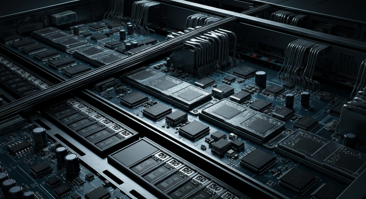 An extreme close-up of the internal components and wiring of a streaming media server, conveying the complex technological backbone supporting Netflix's global video platform.