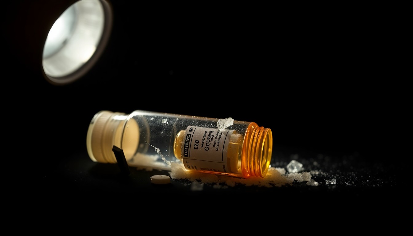 An extreme close-up of a shattered glass vial reflecting a harsh, direct camera flash, conceptually representing the investigation into a large-scale drug diversion case at an Indiana hospital.