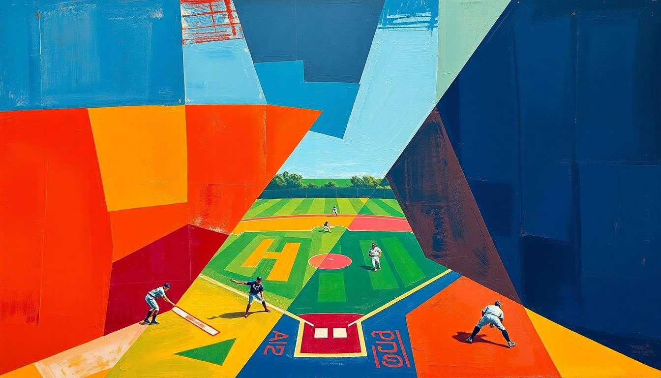 A cubist, geometric painting depicting a fractured, multi-angle view of a softball game, with sharp planes of burnt orange, crimson red, and navy blue overlapping to create a dynamic, abstract composition.
