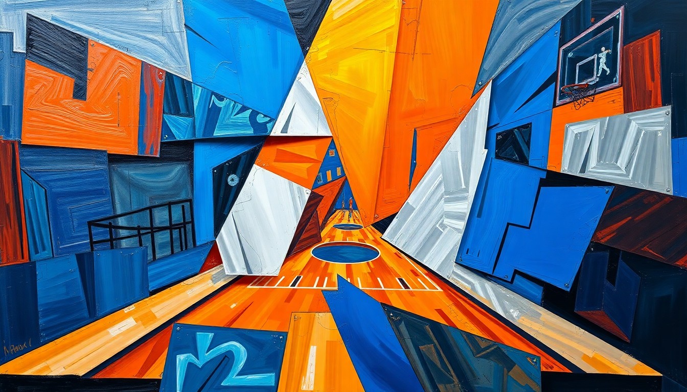 A cubist-style painting featuring overlapping geometric shapes and planes in vibrant colors, representing the fractured state of the Lakers' playoff outlook due to Luka Dončić's injury.