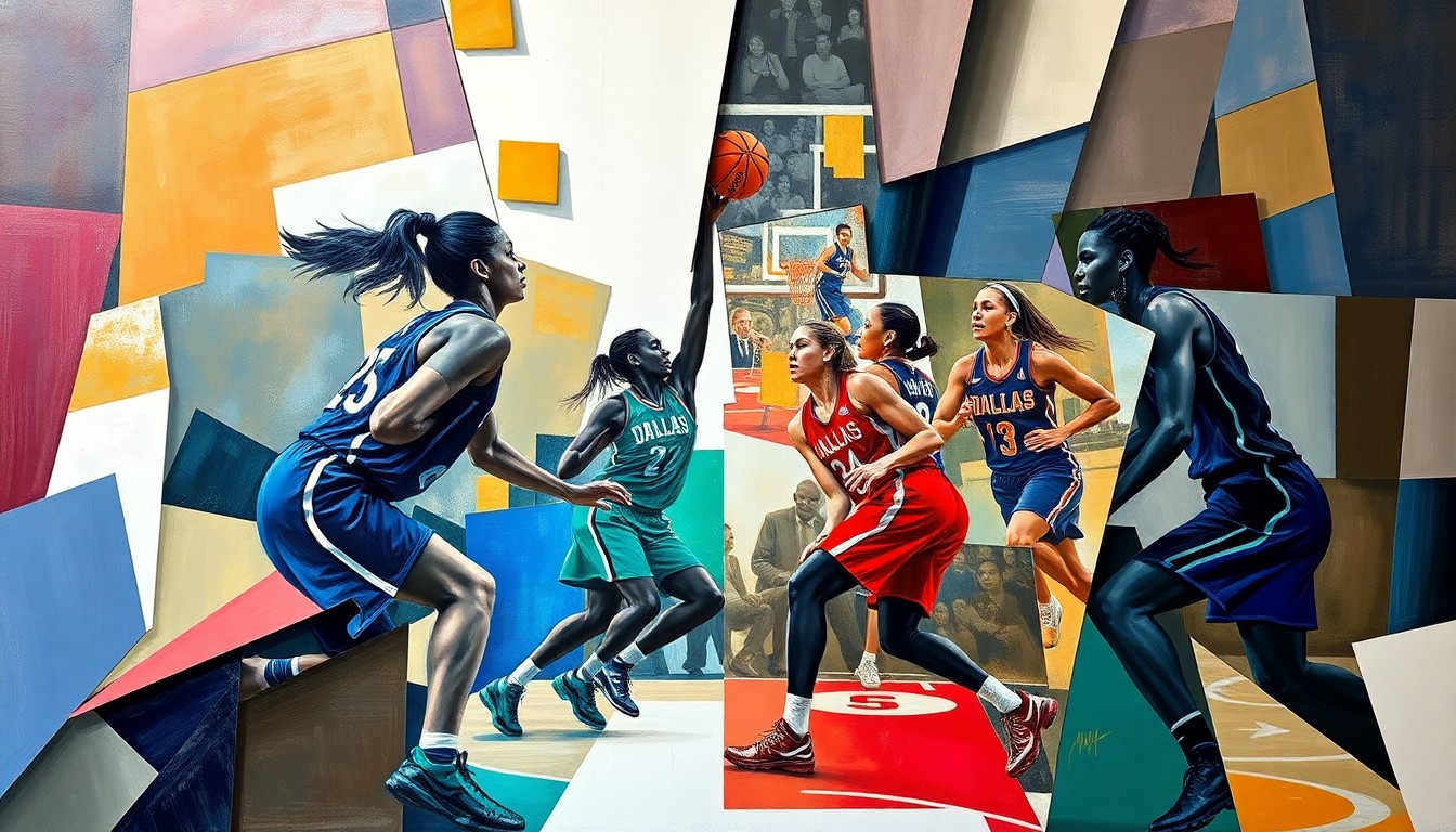 A fractured, cubist-style painting depicting the abstract forms of basketball players in motion, with sharp geometric planes of color and overlapping perspectives, conveying the dynamic energy of a WNBA game.