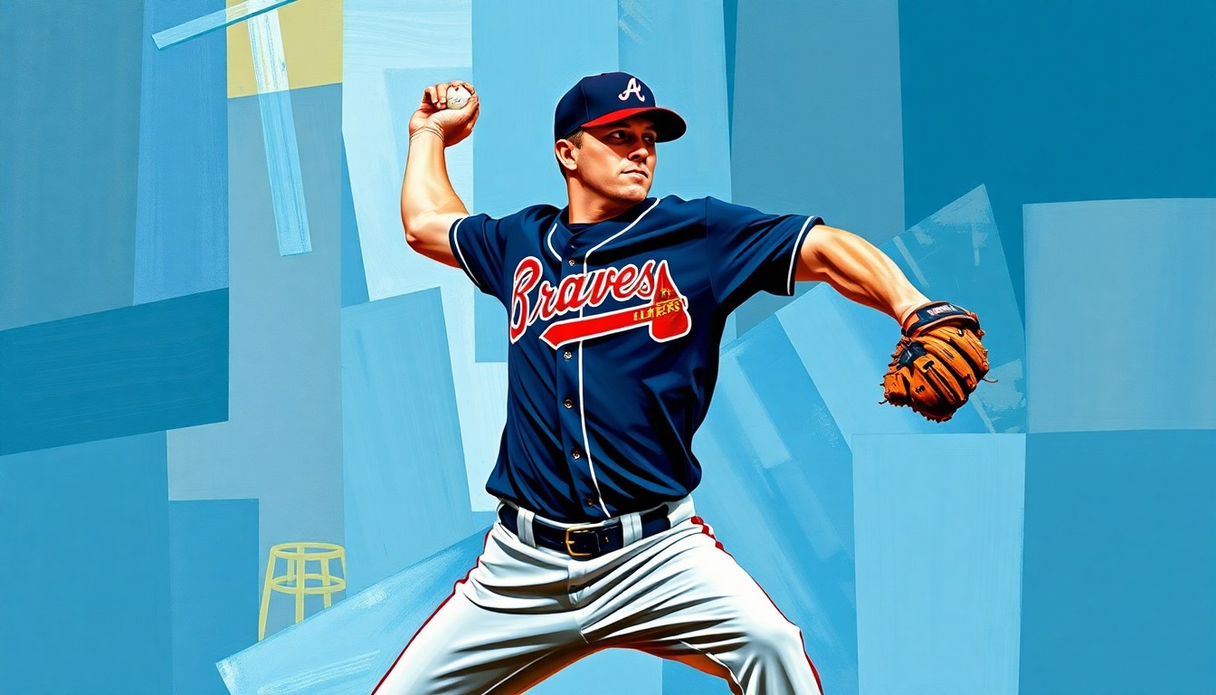 A fragmented, geometric painting depicting a baseball pitcher's windup and delivery, with sharp, overlapping planes of navy blue, red, and white representing the Braves' uniform colors.
