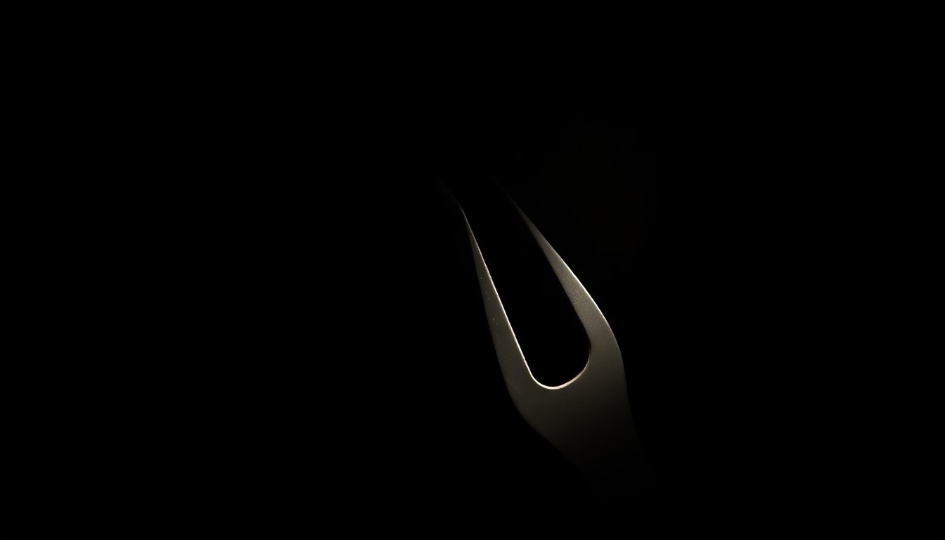 An extreme close-up photograph of a medical instrument, such as a scalpel or clamp, lit by a harsh, direct camera flash against a pitch-black background, creating a stark, gritty, investigative aesthetic.