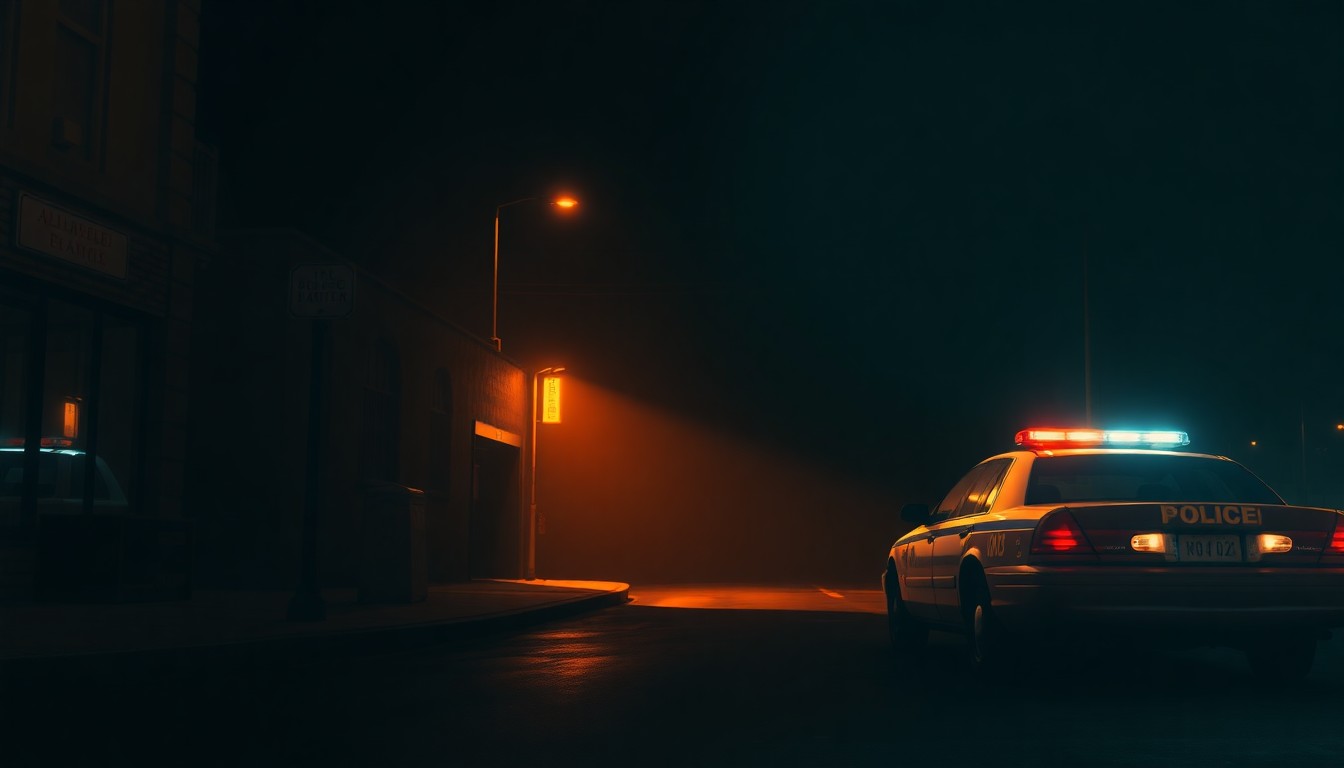 A serene, cinematic painting of a lone police car parked on a dimly lit urban street, the vehicle's silhouette bathed in warm, diagonal sunlight and deep shadows, conceptually representing the tensions between state and local authorities over immigration enforcement.
