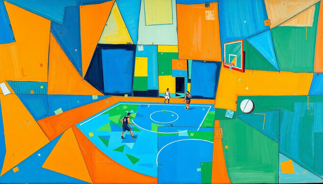 A cubist-style painting depicting a basketball game broken down into geometric shapes and planes of vibrant blue, orange, and green colors, conveying the energy and excitement of the recruiting process.