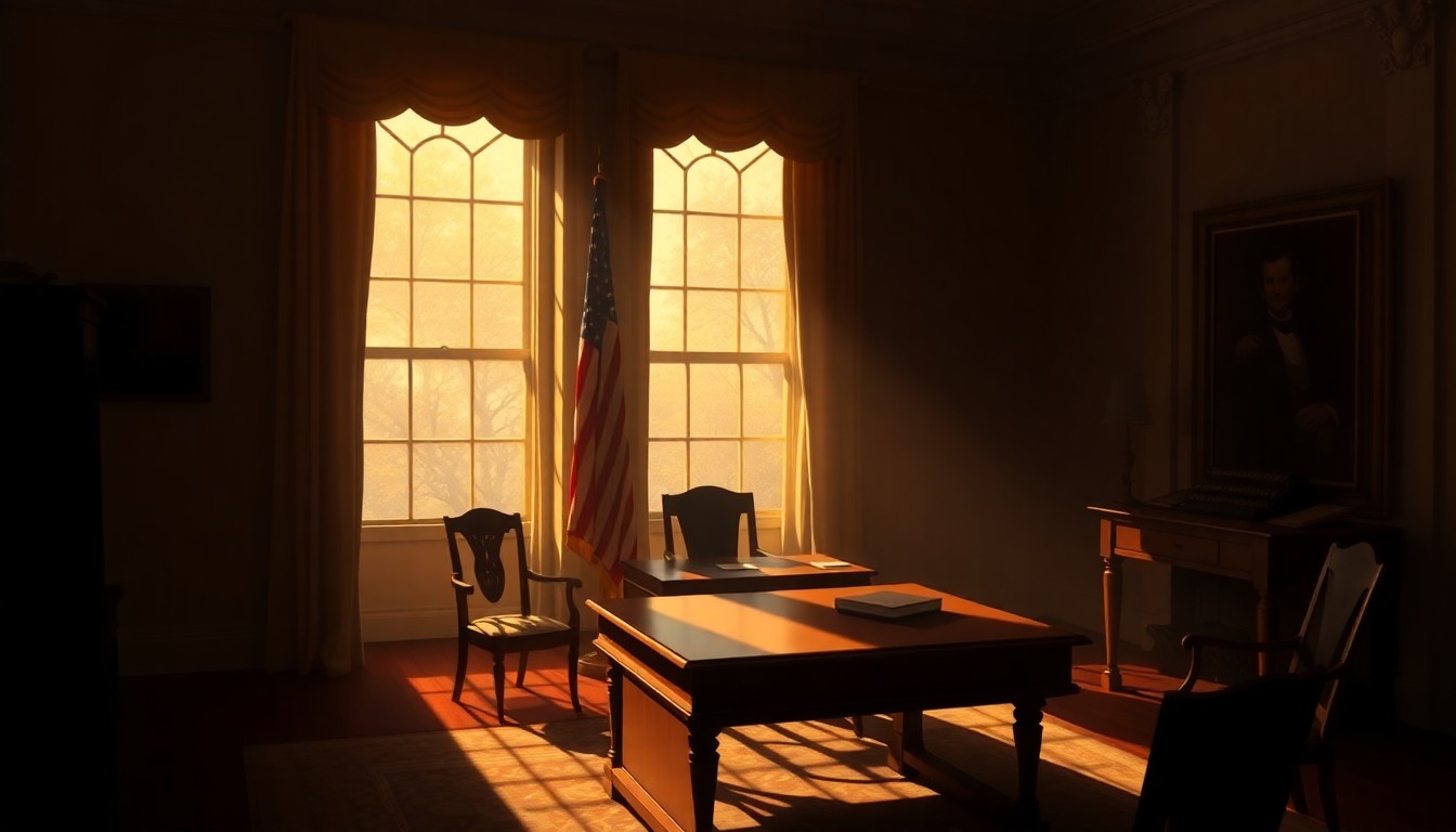 A dimly lit, cinematic painting of an old wooden desk in the White House, with a single candle flickering and casting long shadows across the surface, evoking a sense of quiet contemplation.