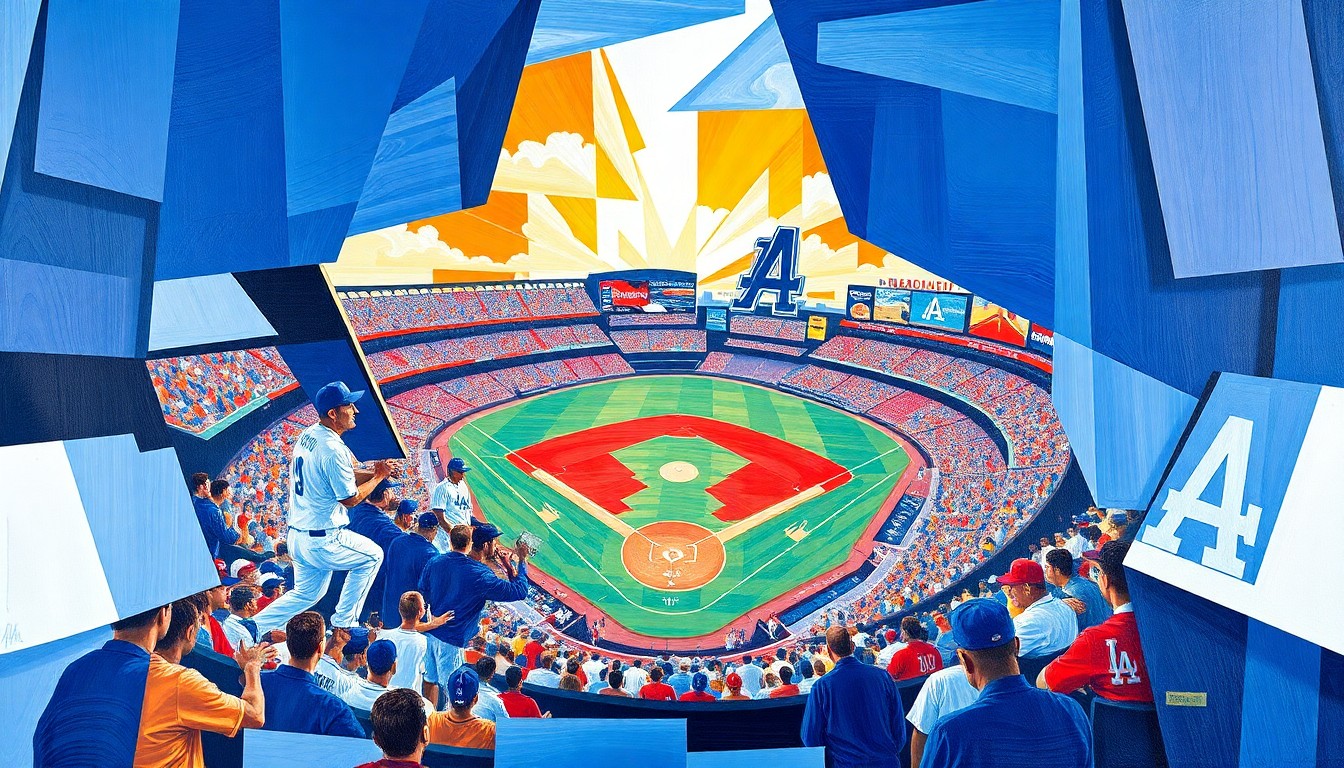A cubist-style painting featuring sharp, overlapping geometric shapes in Dodger blue, red, and white, capturing the energy and movement of a Dodgers baseball game in an abstract, deconstructed manner.