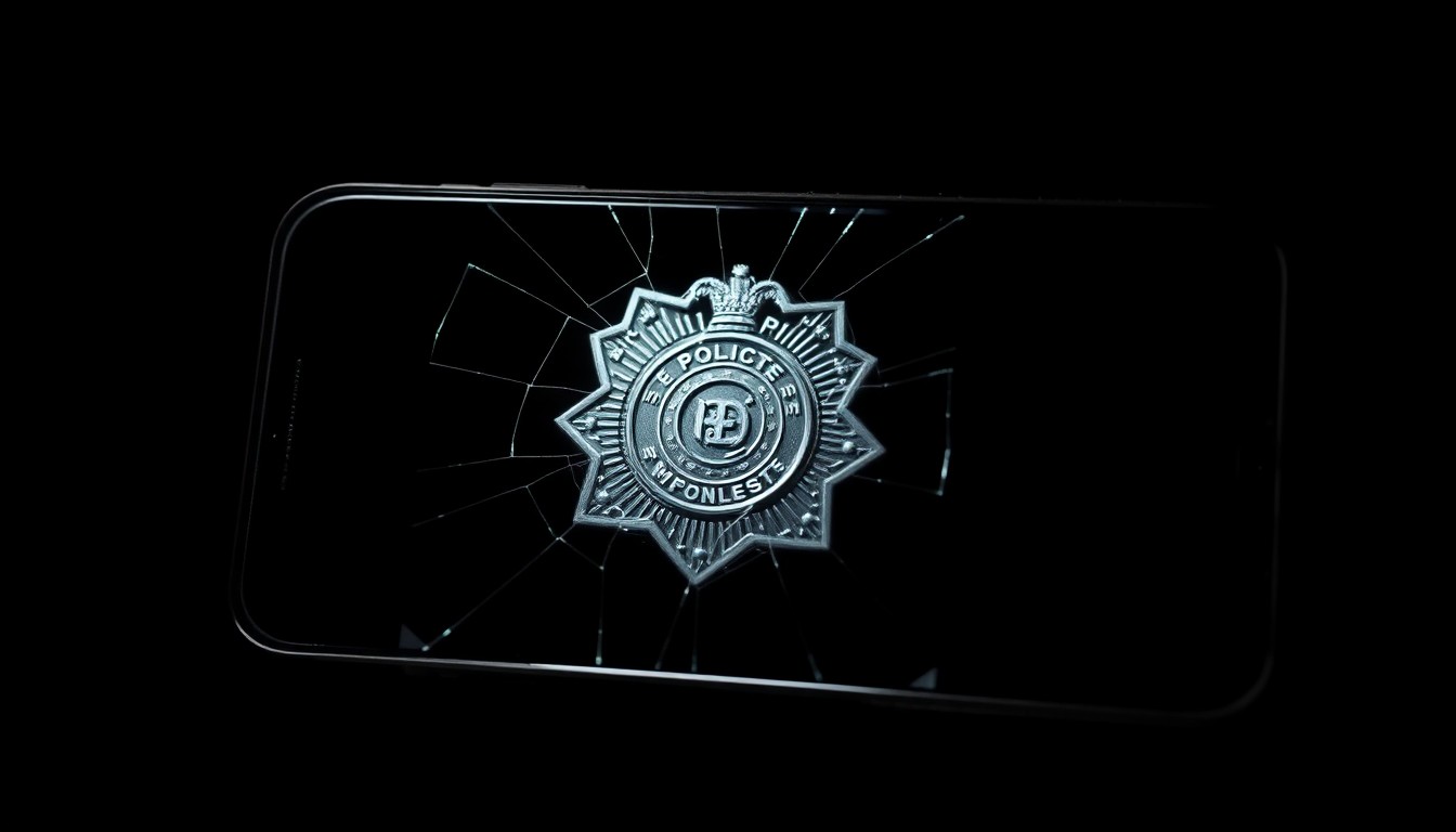 An extreme close-up photograph of a cracked smartphone screen reflecting a distorted image of a police badge, shot with a harsh, direct camera flash against a pitch-black background, conceptually illustrating the deceptive nature of scam calls impersonating law enforcement.