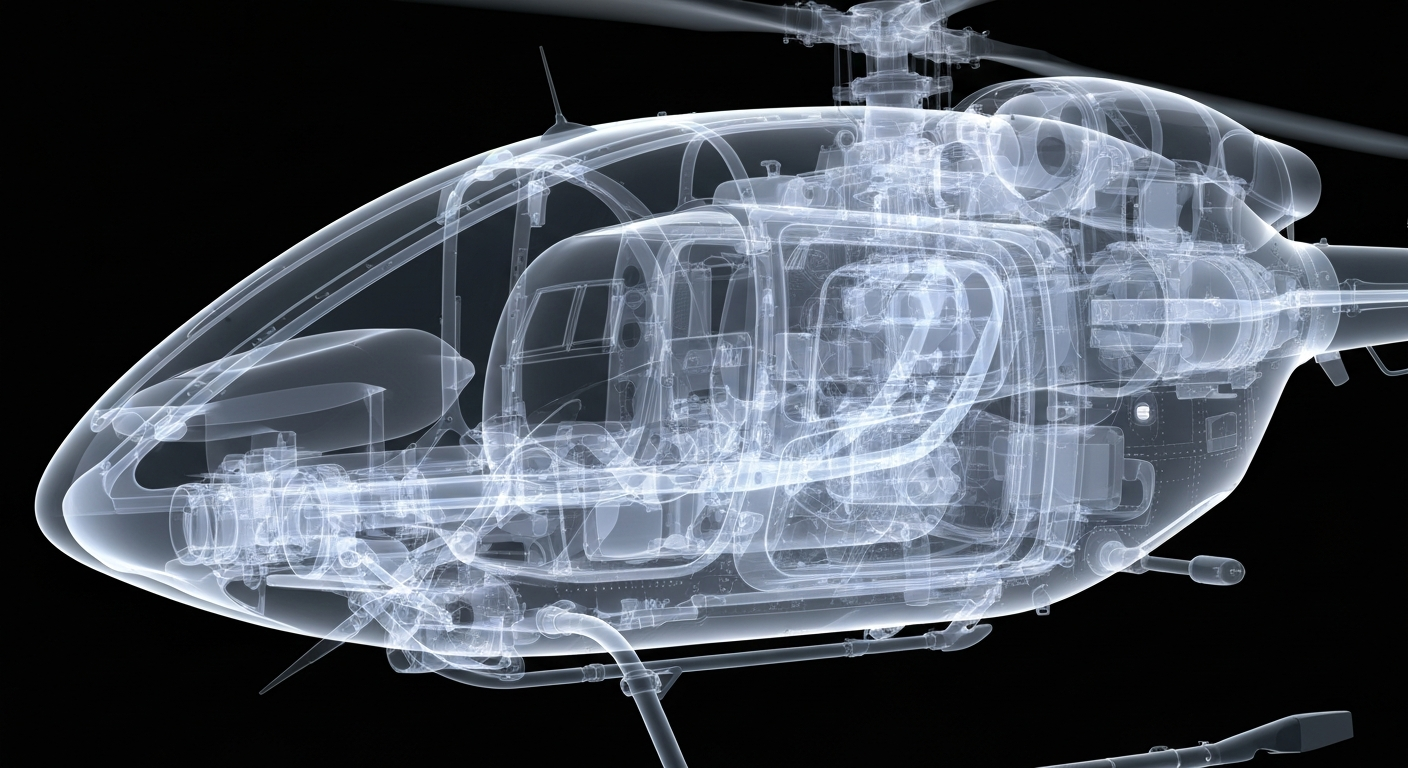 An abstract, ghostly X-ray image revealing the intricate internal structure of a medical helicopter, conveying the advanced technology and precision engineering that enables rapid emergency response.