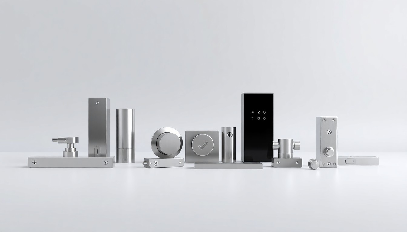A high-end studio still life featuring a collection of polished metal and glass security components, including reinforced framing, ballistic-resistant glazing, and secure door hardware, arranged elegantly on a clean, monochromatic background to symbolize the integrated security solutions of the SafeSuite system.