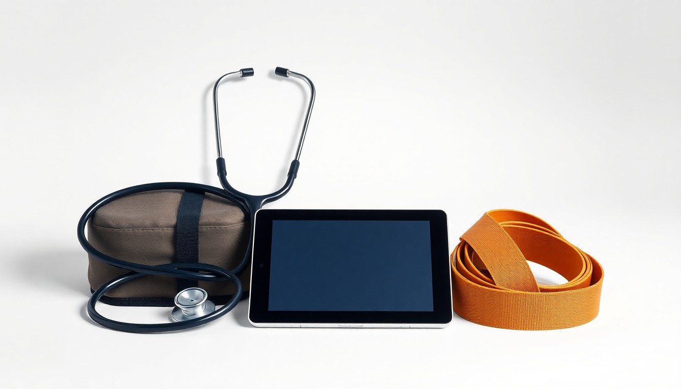 A high-end, photorealistic studio still-life photograph featuring a clean, monochromatic background with a carefully arranged composition of premium medical equipment and supplies, conceptually representing the cost savings and operational efficiency that independent physical therapy practices can achieve through the PtEverywhere-SME partnership.
