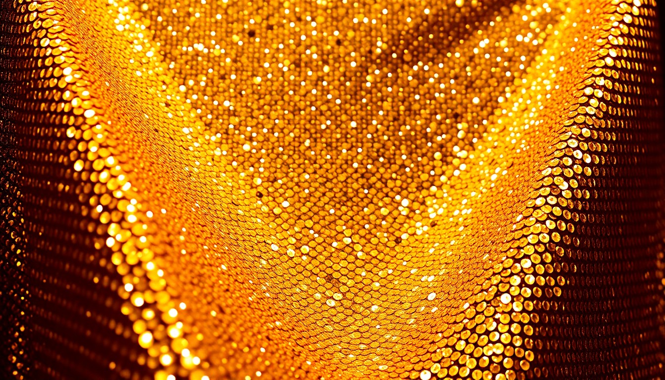 An extreme close-up photograph of shimmering gold sequins illuminated by dramatic studio lighting, conveying the glamorous, high-fashion aesthetic of a major Bollywood film premiere.