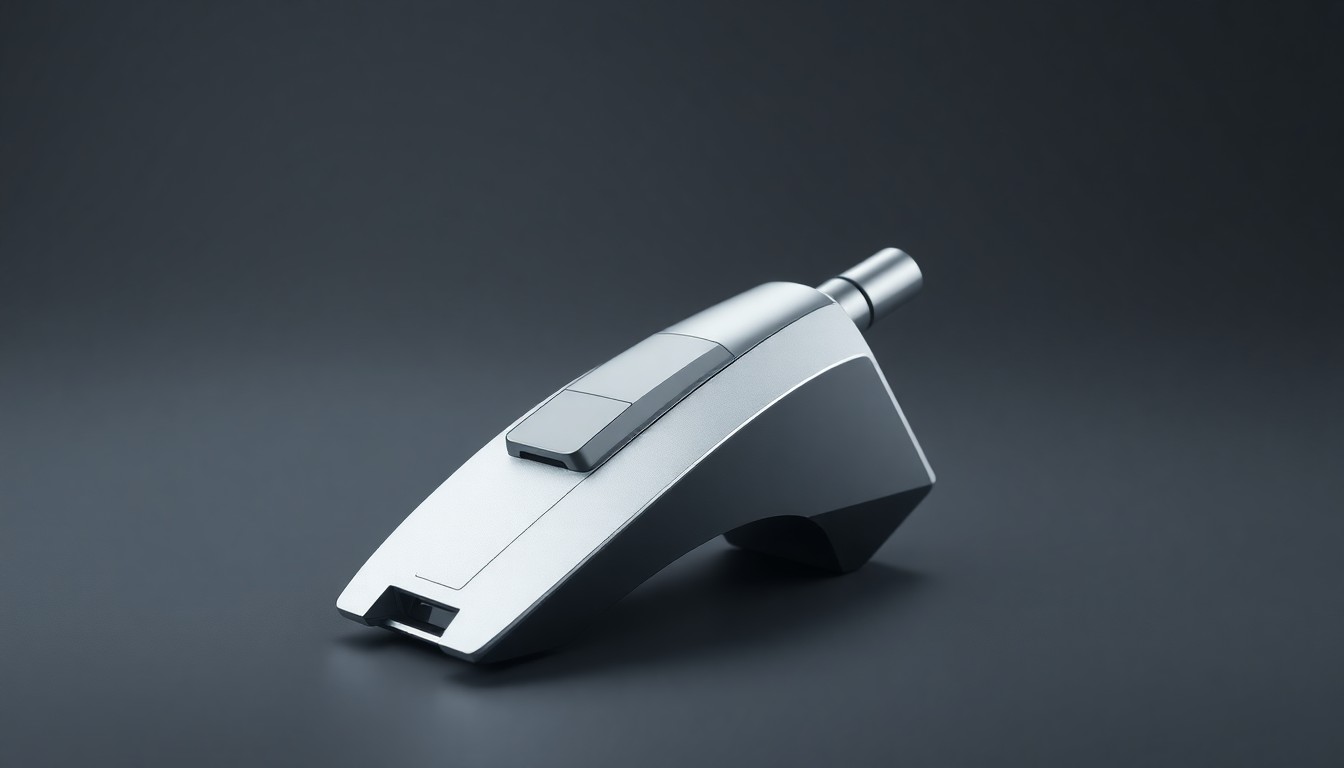 A photorealistic studio still-life image of a sleek, metallic biotech instrument with clean geometric shapes, polished surfaces, and dramatic studio lighting on a solid gray background, conceptually representing Culture Biosciences' technology platform.