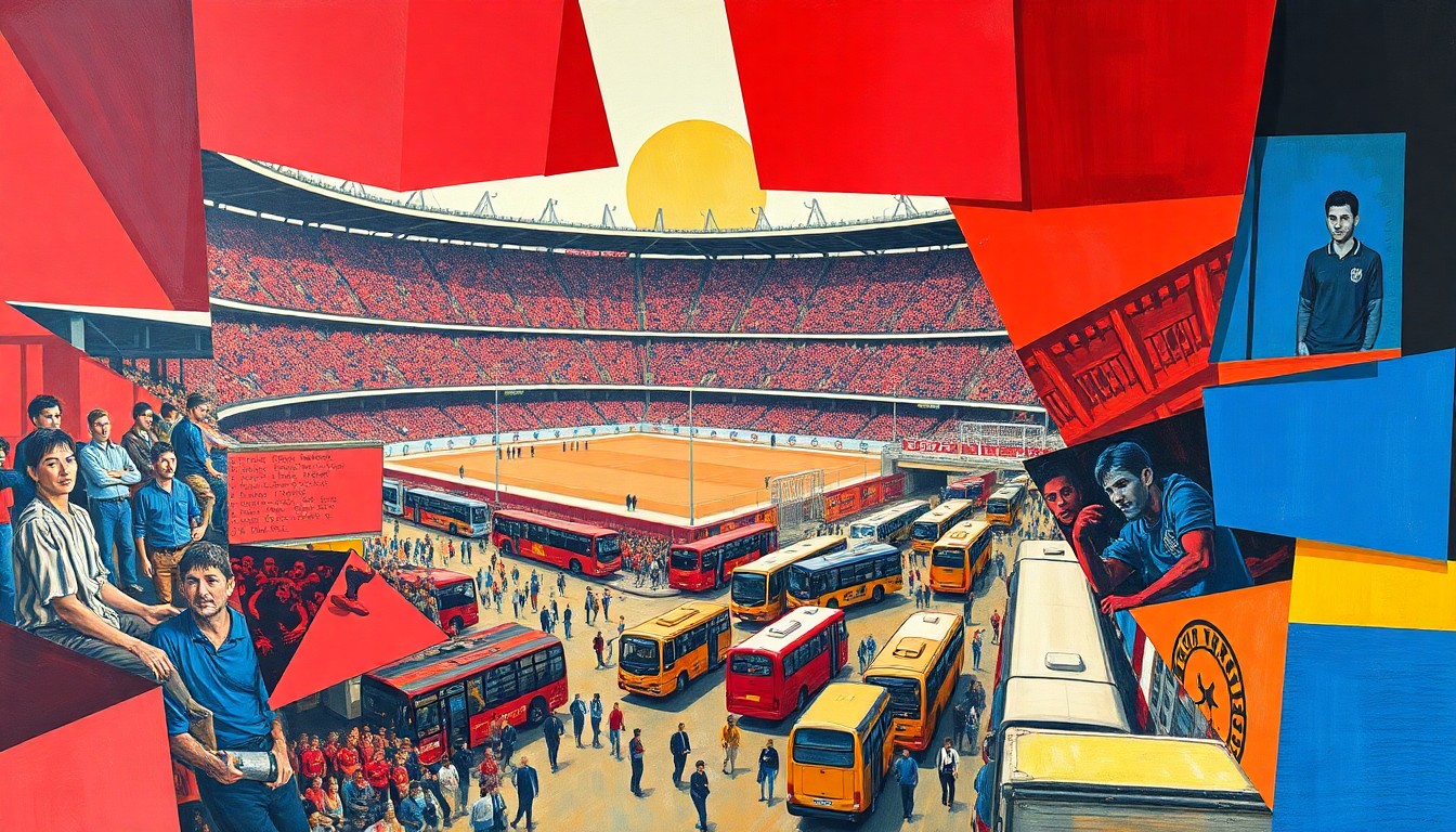 A fractured, geometric painting depicting a bustling scene of fans, buses, and transportation infrastructure around a soccer stadium, rendered in a cubist style with vibrant colors.