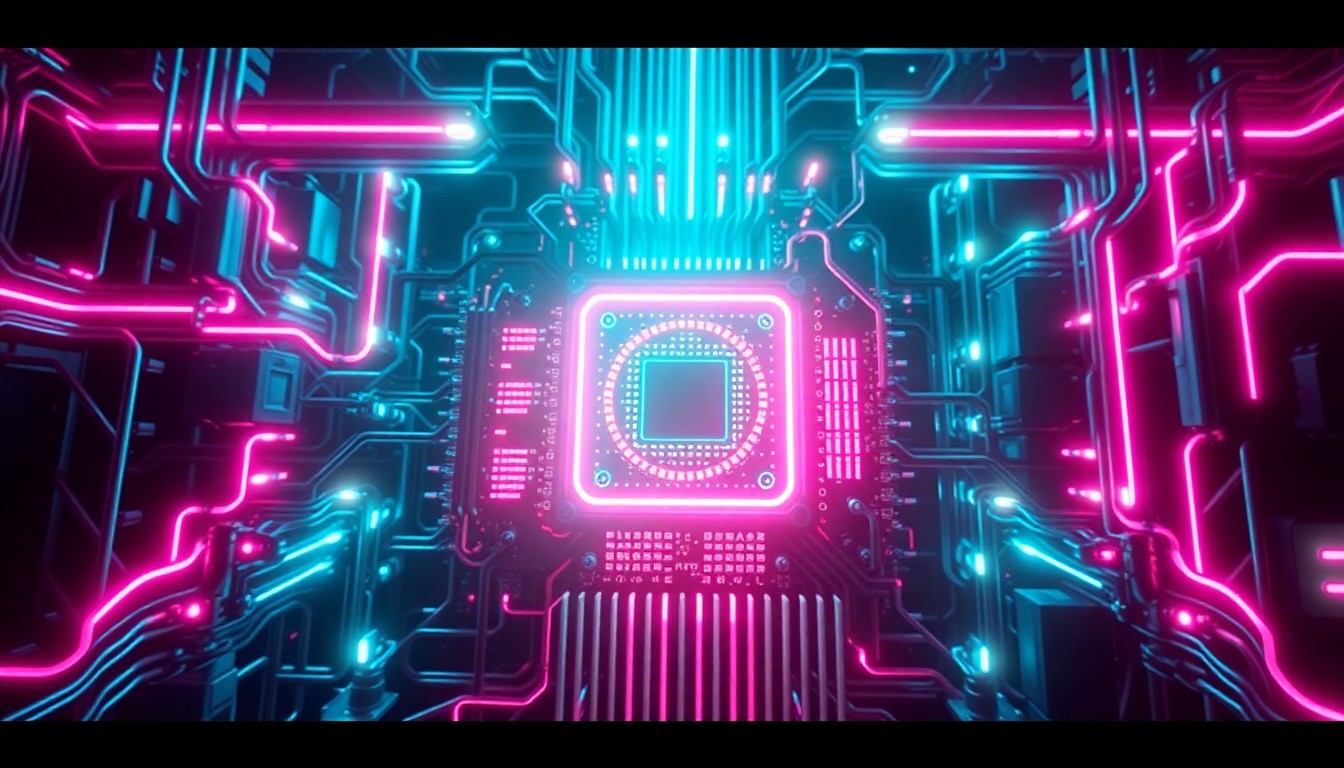 A highly detailed, glowing 3D illustration of a complex quantum computing hardware system, with various interconnected components emitting neon cyan and magenta lights, conceptually representing the advanced technology powering the next generation of quantum computing.