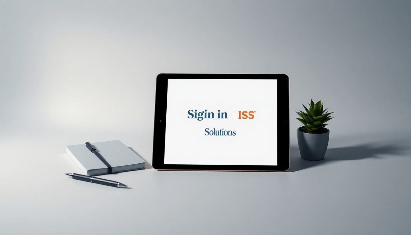 A minimalist studio still life photograph featuring a sleek tablet device with the Sign In Solutions and ISS logos, surrounded by simple office accessories on a clean white background, conceptually representing the integration of enterprise-grade visitor management technology into workplace solutions.