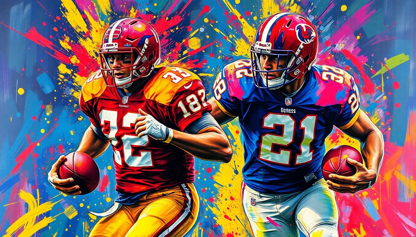 An abstract, energetic painting featuring two football players in motion, their forms blurred and distorted in a swirl of vibrant neon colors and expressive brushstrokes, capturing the raw power and dynamism of elite running backs.