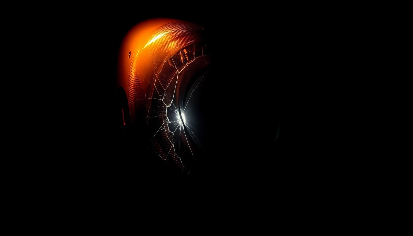 An extreme close-up photograph of a damaged car part, such as a broken side mirror or cracked headlight lens, lit by a harsh, direct camera flash against a pitch-black background, conceptually illustrating the aftermath of a serious traffic collision.