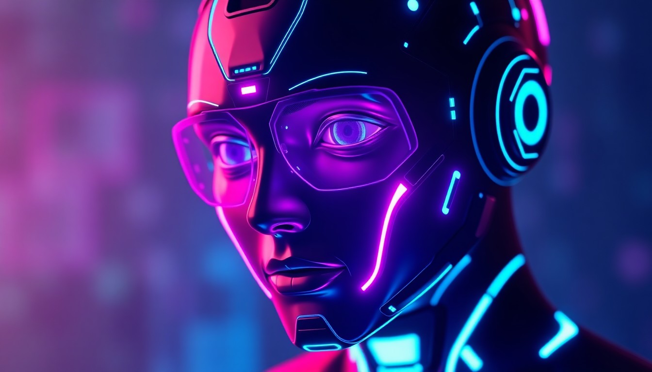 A highly detailed, 3D macro illustration of a glowing, futuristic AI interview avatar with neon cyan and magenta lights, conceptually representing the advanced technology behind HackerEarth's OnScreen platform.