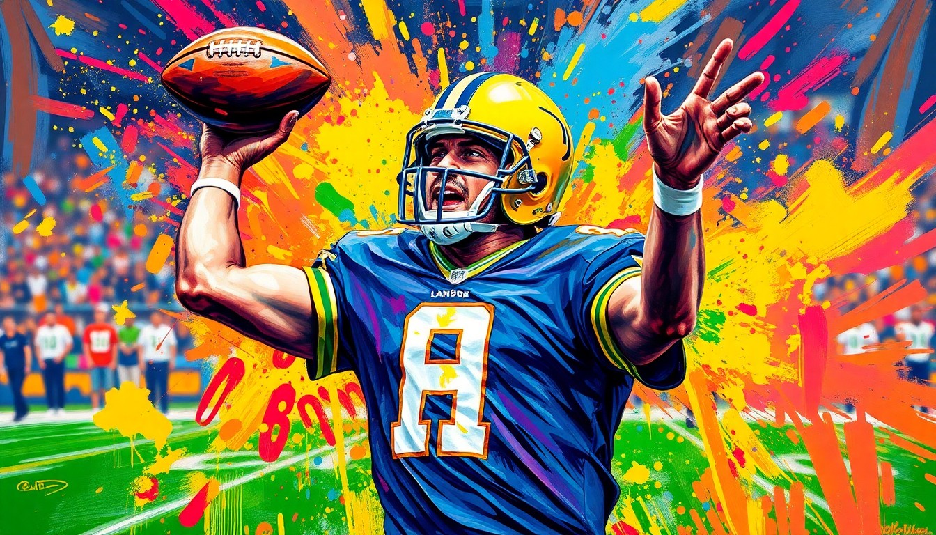 An abstract, expressionist painting in vibrant neon colors depicting the energy and celebration of a quarterback scoring a touchdown, the player's face and uniform dissolving into unrecognizable brushstrokes.