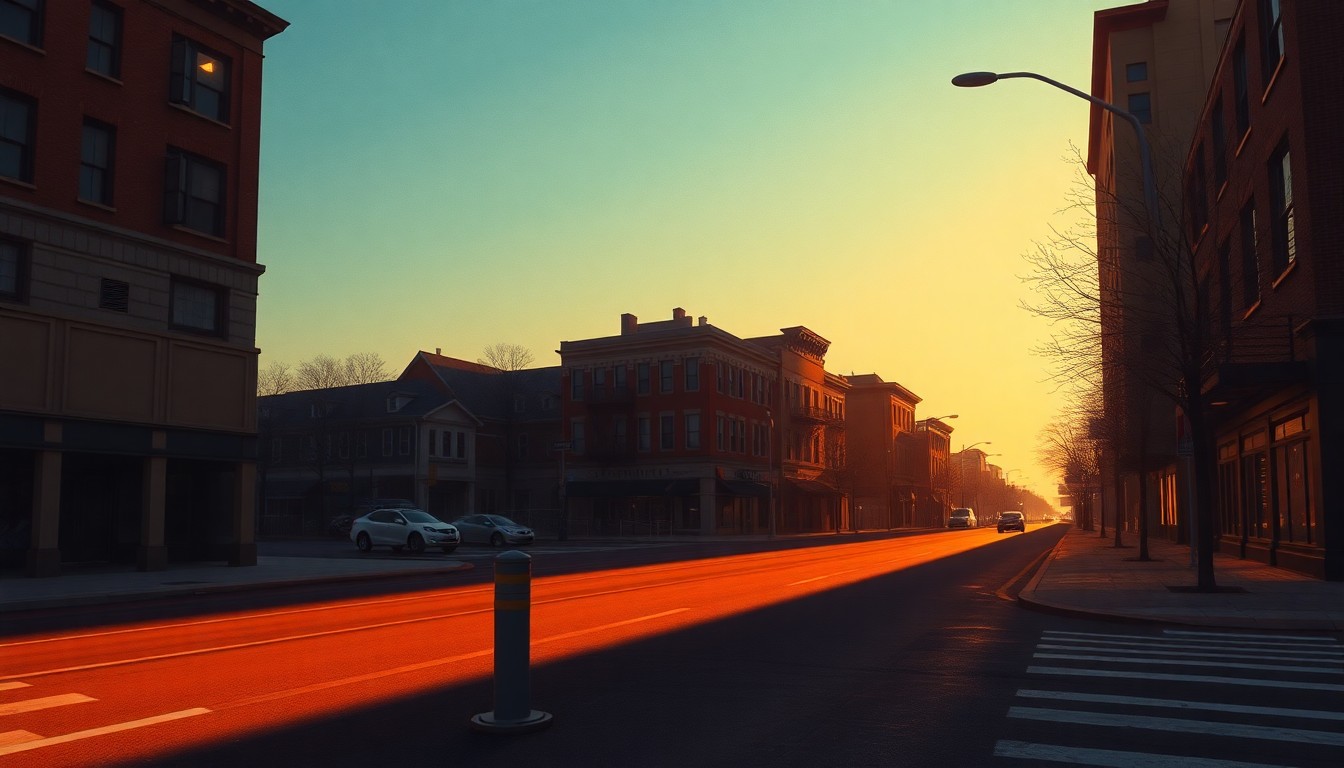 A serene, cinematic painting of an empty downtown street in Clarendon Hills, Illinois, with a lone traffic barrier or bollard in the foreground, bathed in warm, diagonal sunlight and deep shadows, capturing the quiet, functional nature of the compromise upgrades.