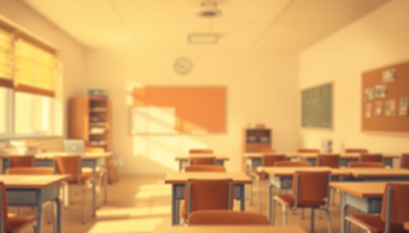 A softly focused, abstract scene of a classroom with desks and school supplies, conveying a sense of warmth and community through the use of muted, earthy colors and a dreamlike, impressionistic style.