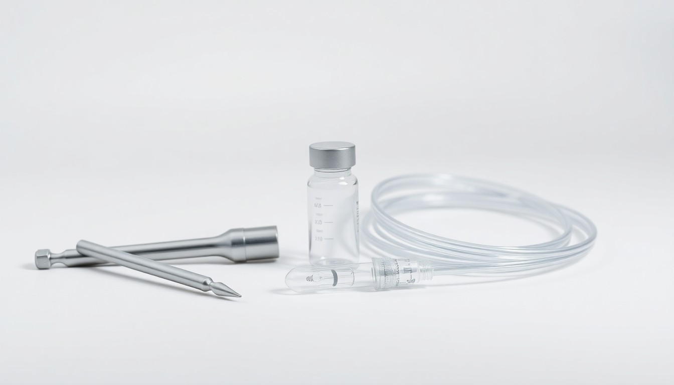 A photorealistic studio still life featuring polished metal surgical instruments, a glass vial, and coiled medical tubing, symbolizing Sanara MedTech's advanced medical technologies.