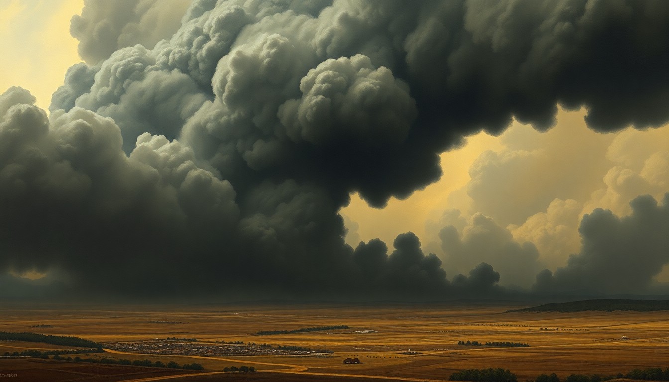 A vast, atmospheric landscape painting with a dramatic, billowing plume of thick black smoke obscuring the horizon and dwarfing any visible structures or vehicles, conveying the overwhelming scale of the natural disaster.