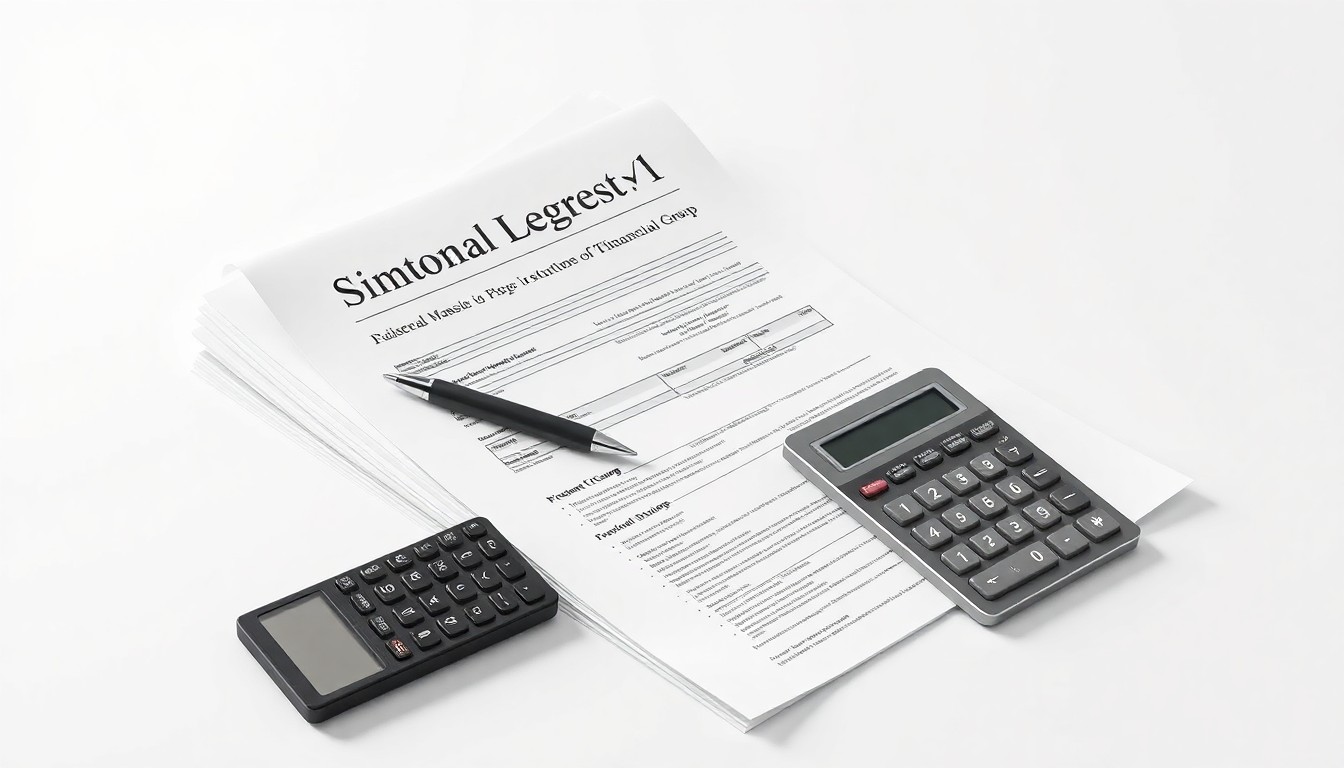 A minimalist studio still life photograph featuring a stack of financial documents, a pen, and a calculator arranged on a clean, monochromatic background, conceptually representing the merger of two financial planning firms.