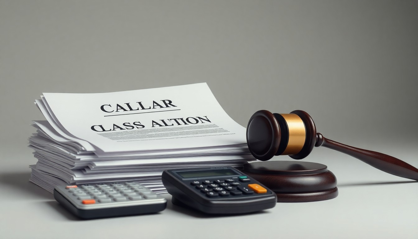 A photorealistic studio still life featuring a stack of legal documents, a gavel, and a calculator on a clean, monochromatic background, conceptually representing the abstract corporate legal proceedings related to a potential class action lawsuit.