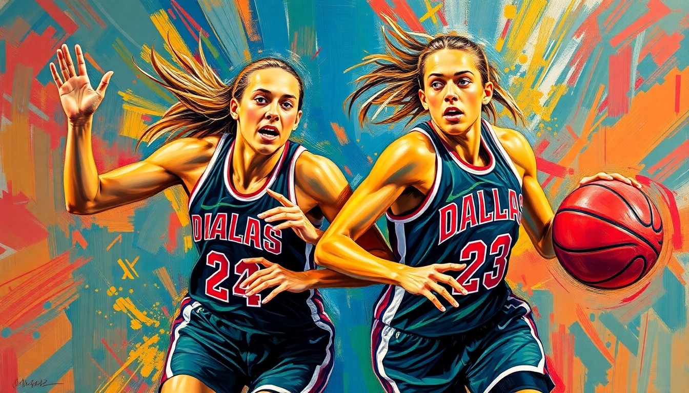 A vibrant, expressionist painting using neon colors and rapid brushstrokes to capture the dynamic energy of two basketball players in motion, conceptually representing the reunion of Azzi Fudd and Paige Bueckers on the Dallas Wings.