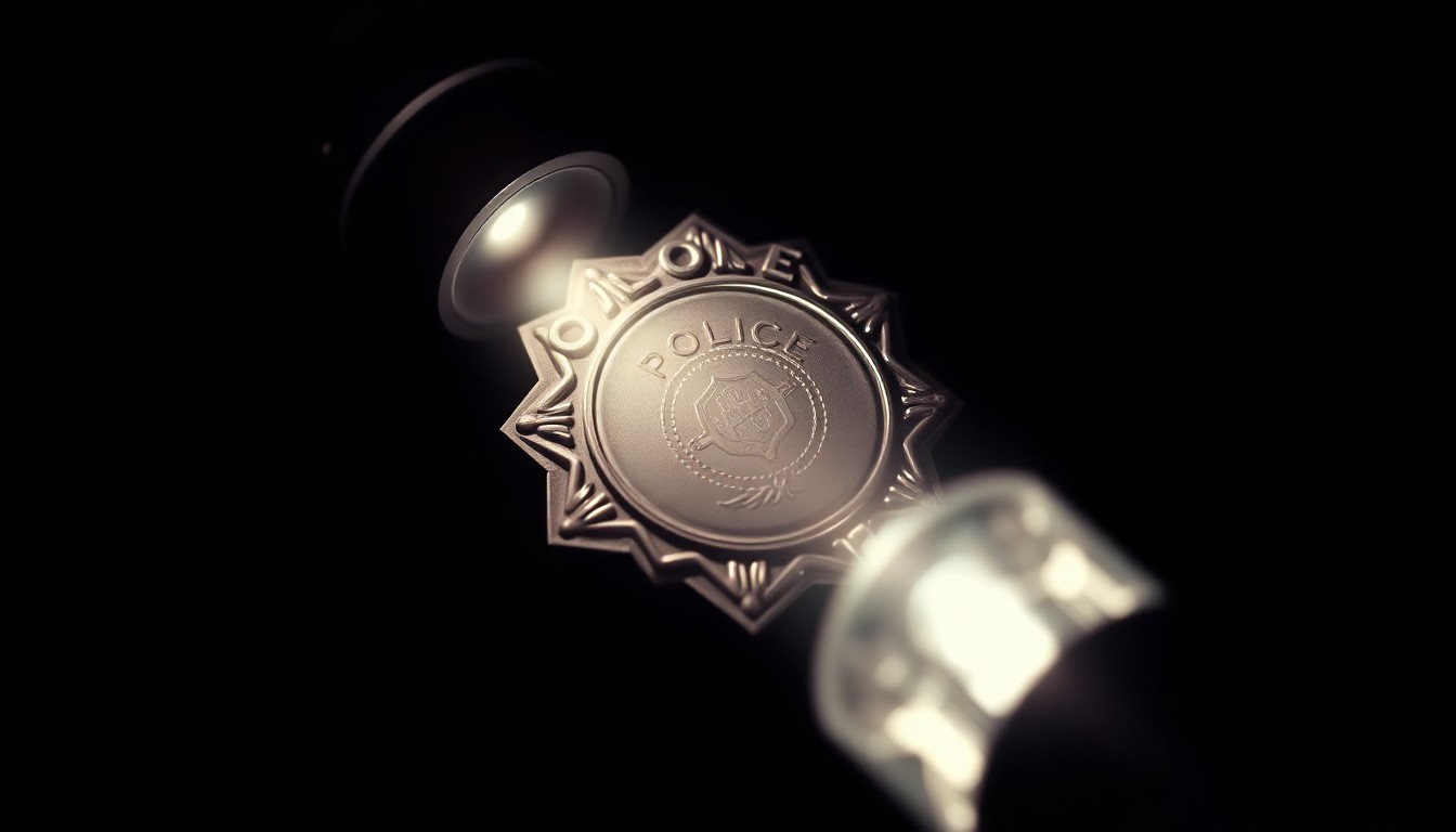 An extreme close-up of a police badge reflecting a harsh, direct camera flash, conveying the serious, investigative mood of honoring a deceased officer.