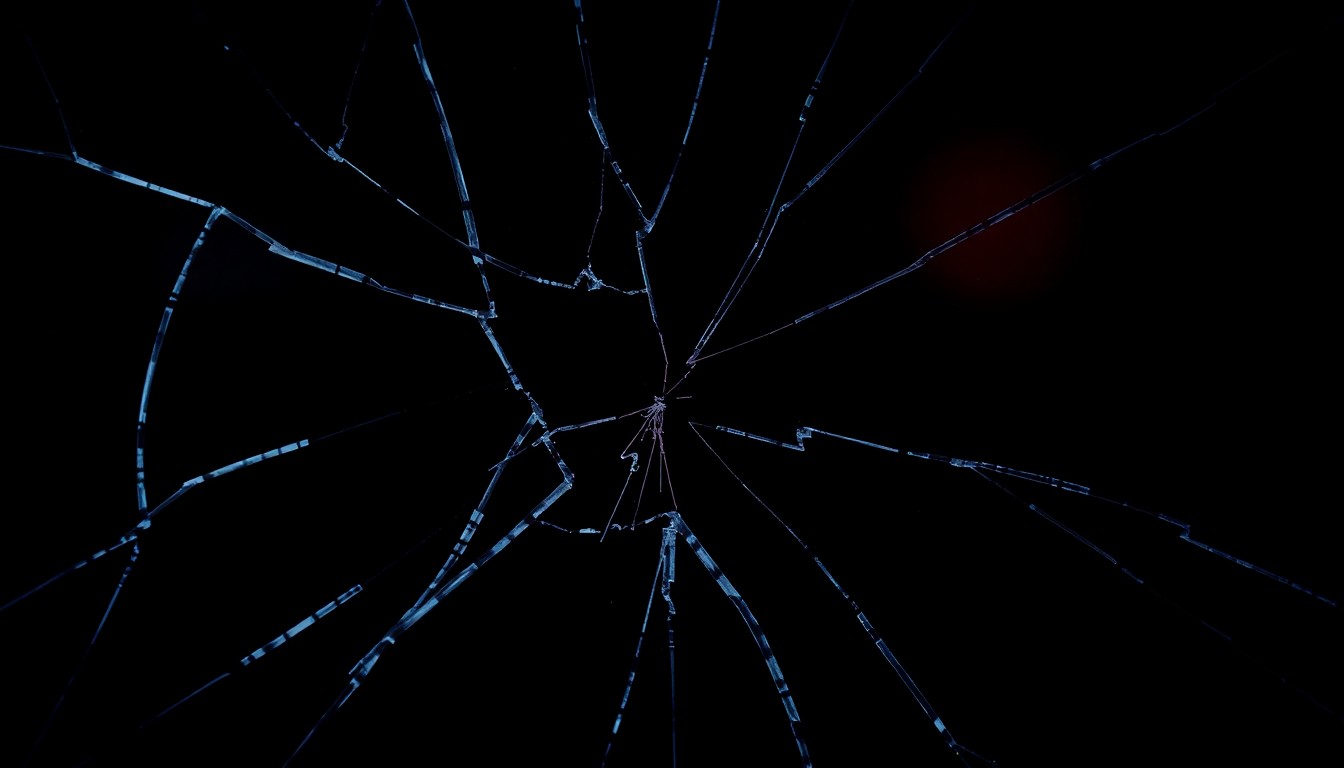 An extreme close-up photograph of a cracked and scratched cell phone screen, reflecting a faint red light, conceptually representing the disappearance of a missing teenager.