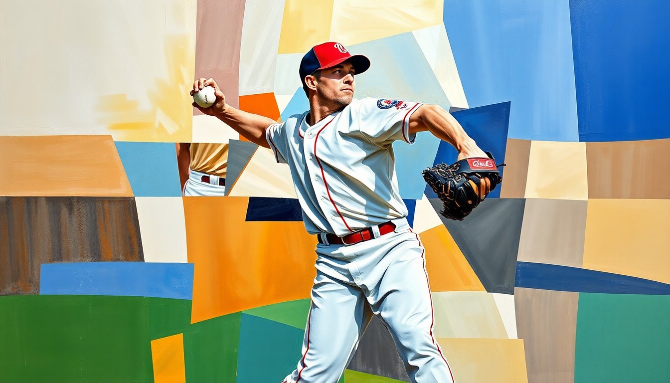 A cubist, geometric painting depicting a baseball pitcher's delivery broken down into fragmented, overlapping shapes and planes in shades of blue, green, and orange.