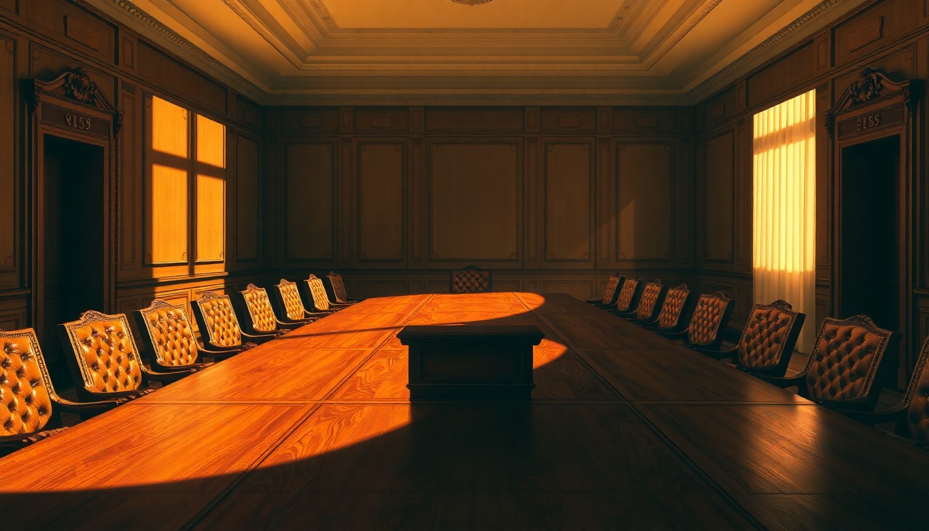 A cinematic painting of an empty, sunlit boardroom with a large wooden table and leather chairs, conveying a sense of political power and influence.