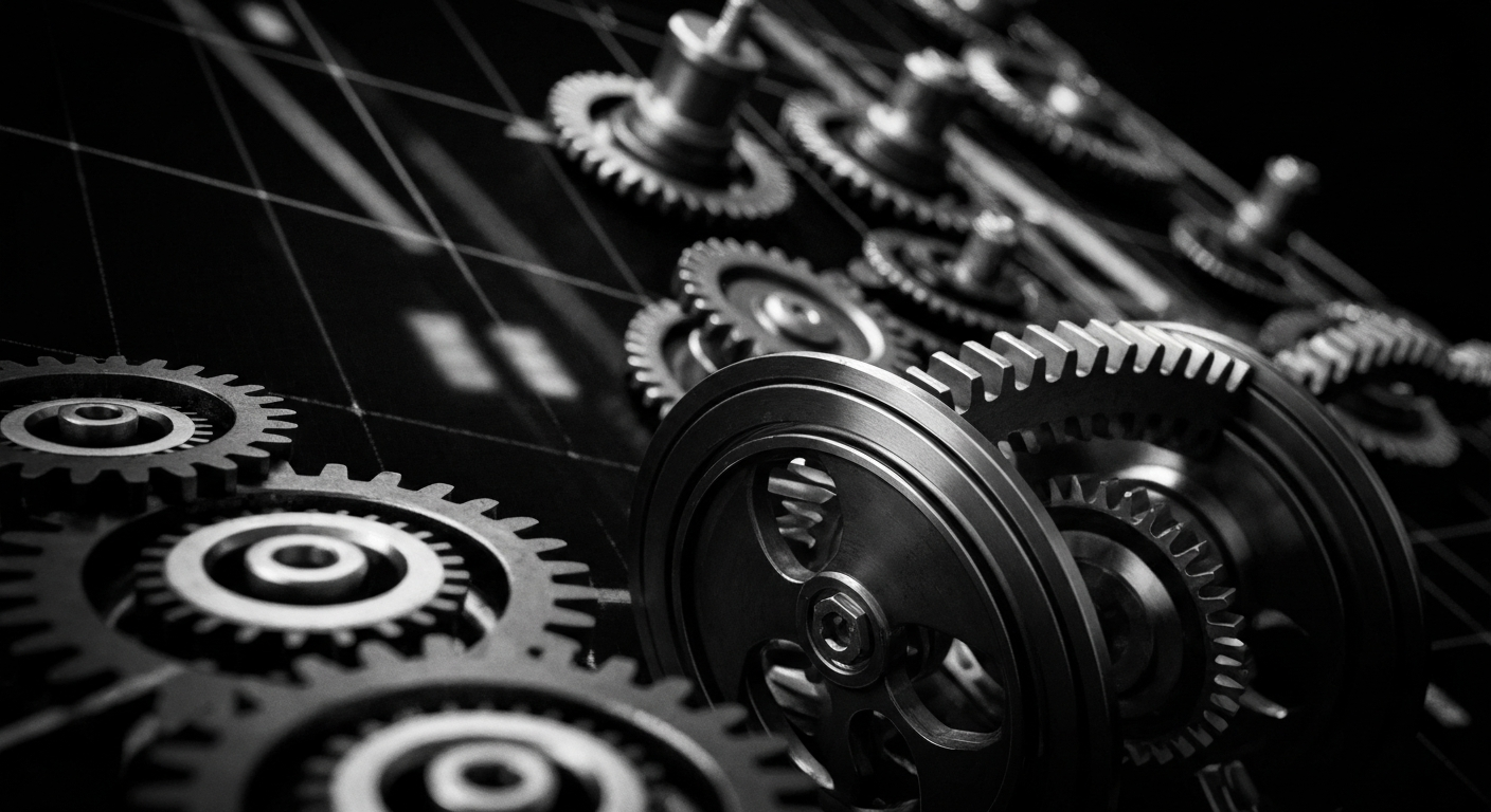 A high-contrast, cinematic close-up of the heavy, industrial machinery and gears that power a major financial trading platform, conveying a sense of the backbone of global markets and economic security.