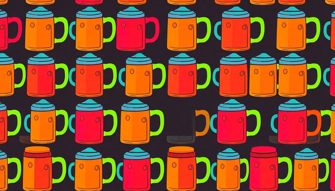 A boldly colored, silkscreen-style illustration featuring a repeating pattern of a traditional German beer stein in shades of neon green, orange, and blue, conceptually representing the vibrant and celebratory atmosphere of the Halfway to Oktoberfest event.
