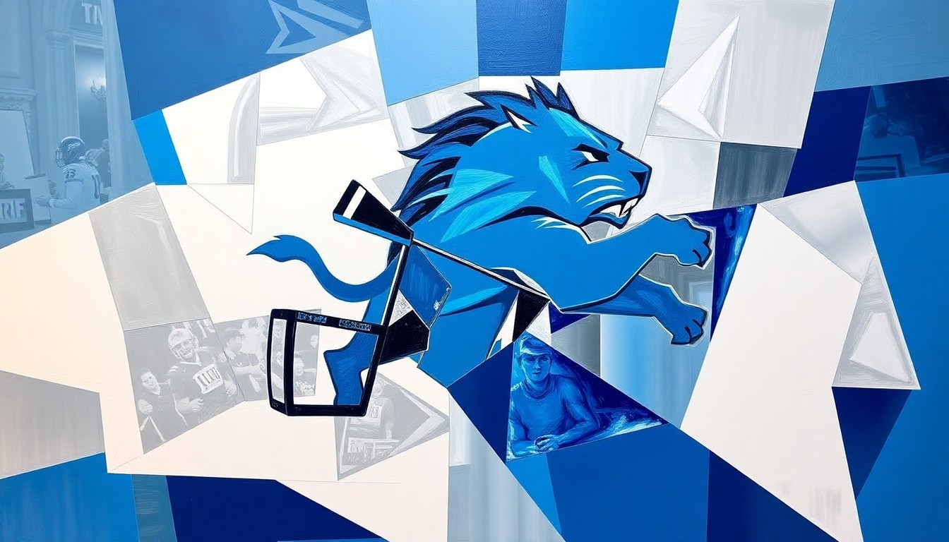 A fragmented, geometric painting in shades of blue, silver, and white, conceptually representing the complex considerations of an NFL team's draft strategy.