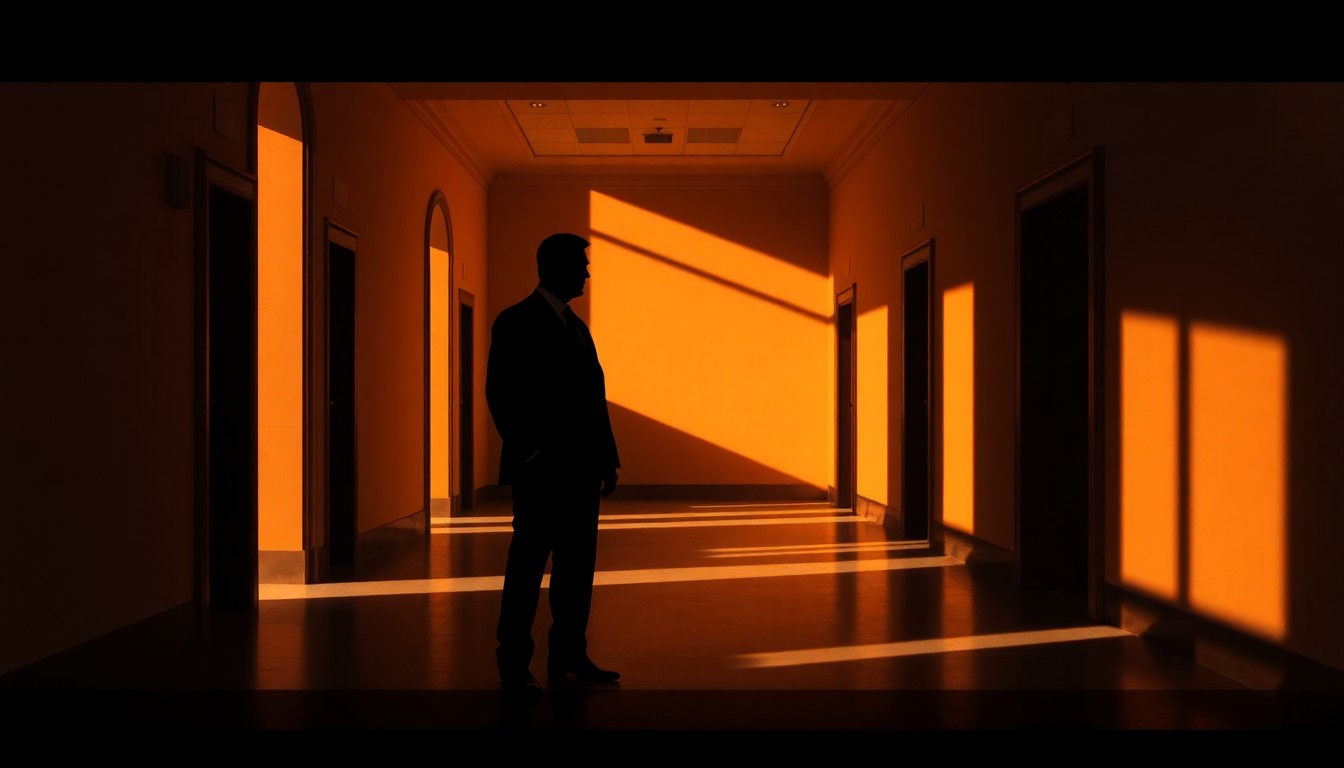 A shadowy, solitary figure of a government official standing alone in an empty government building hallway, the scene bathed in warm, diagonal sunlight and deep shadows, conceptually representing the cautious optimism and lingering tensions of the US-Iran peace negotiations.